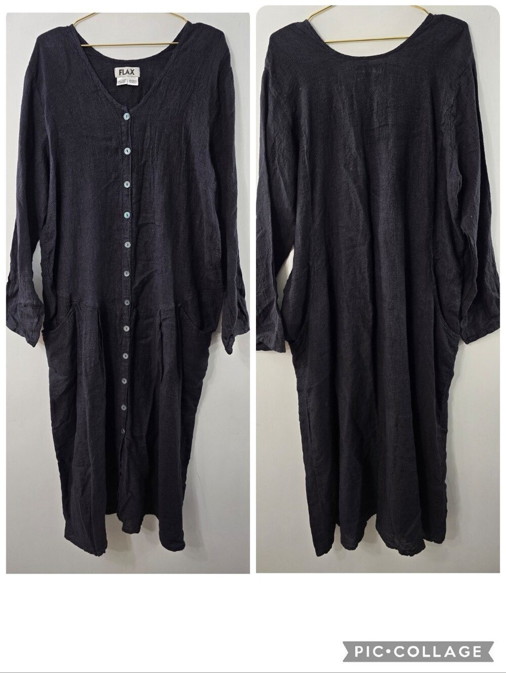 Flax Linen Long Sleeve Button Front V Neck Midi Lagenlook Dress Solid Black Sz L